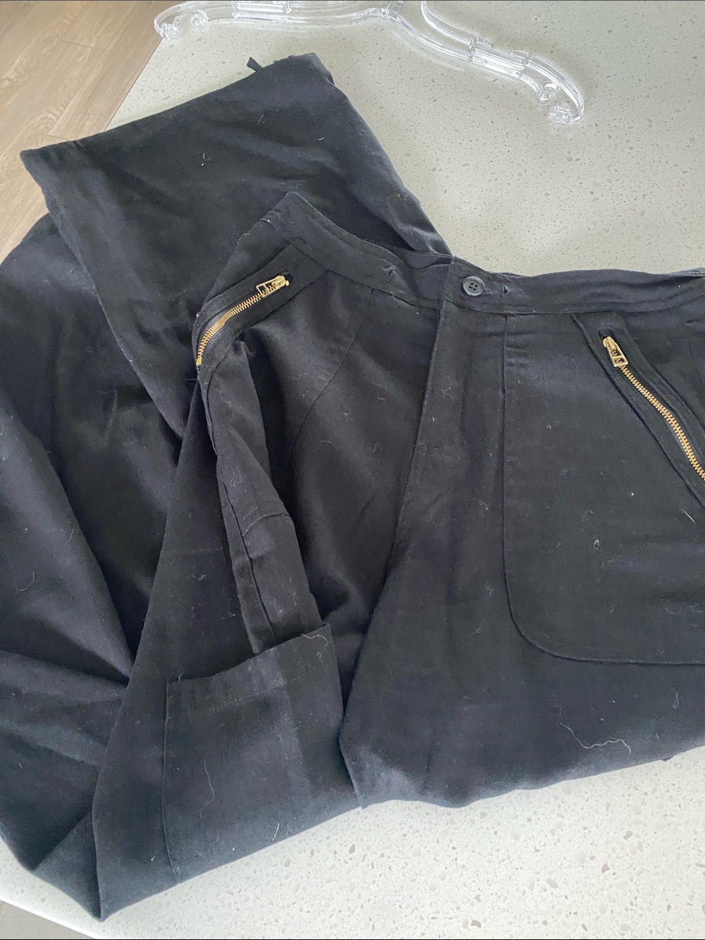 Black linen cargo Pants Gold Zippers patch pockets drawstring hem S